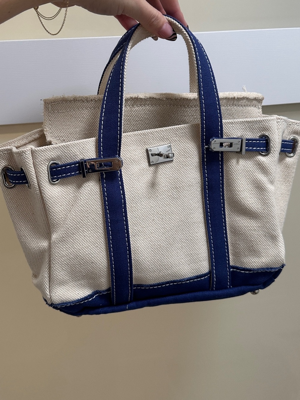 Canvas Tote Bag with Navy Trim - Classic Everyday Handbag